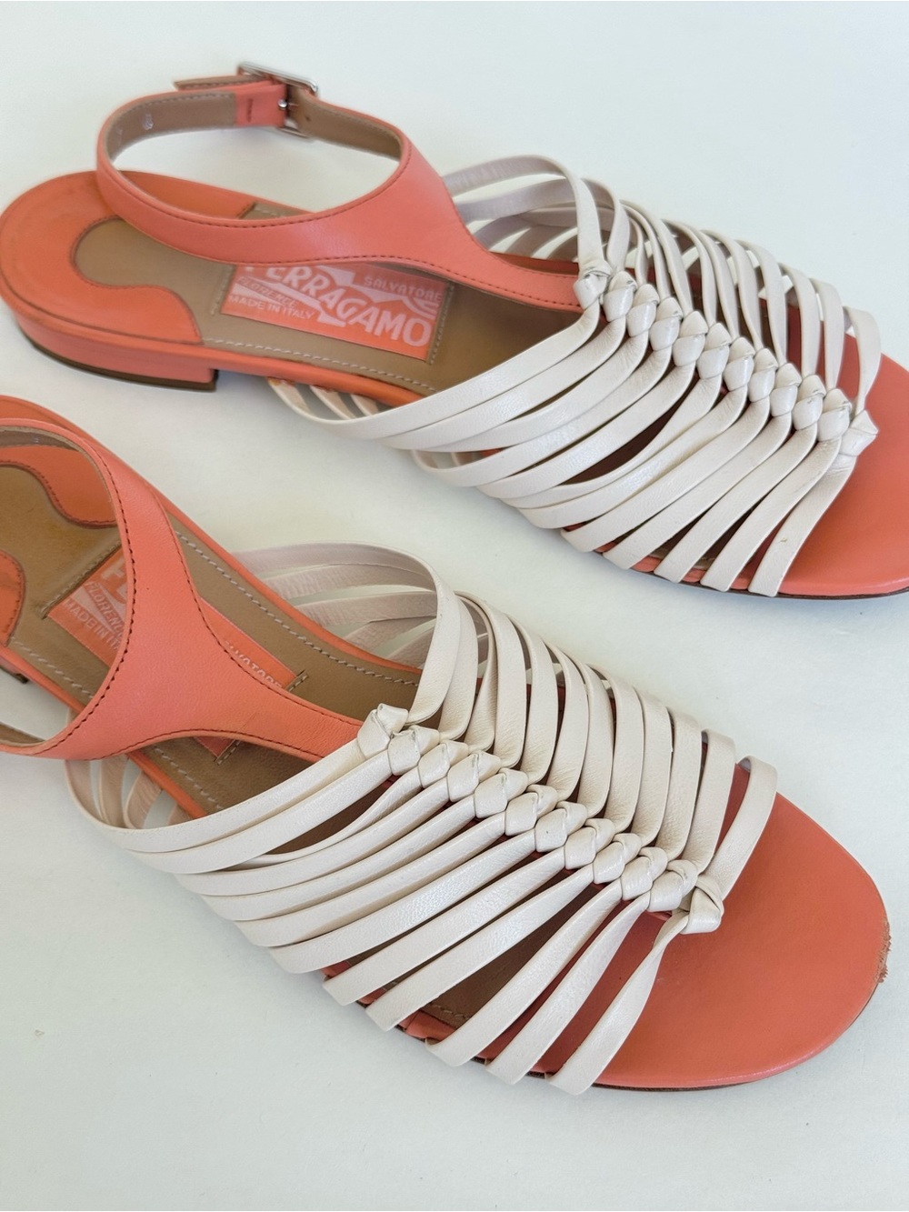 Salvatore Ferragamo Coral and Cream Woven Leather Slingback Sandals - Size 7 - Picture 4 of 9